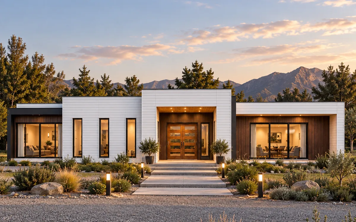 Casa línea Mediterránea de Cota Cero: volúmenes blancos contemporáneos y acceso central de madera